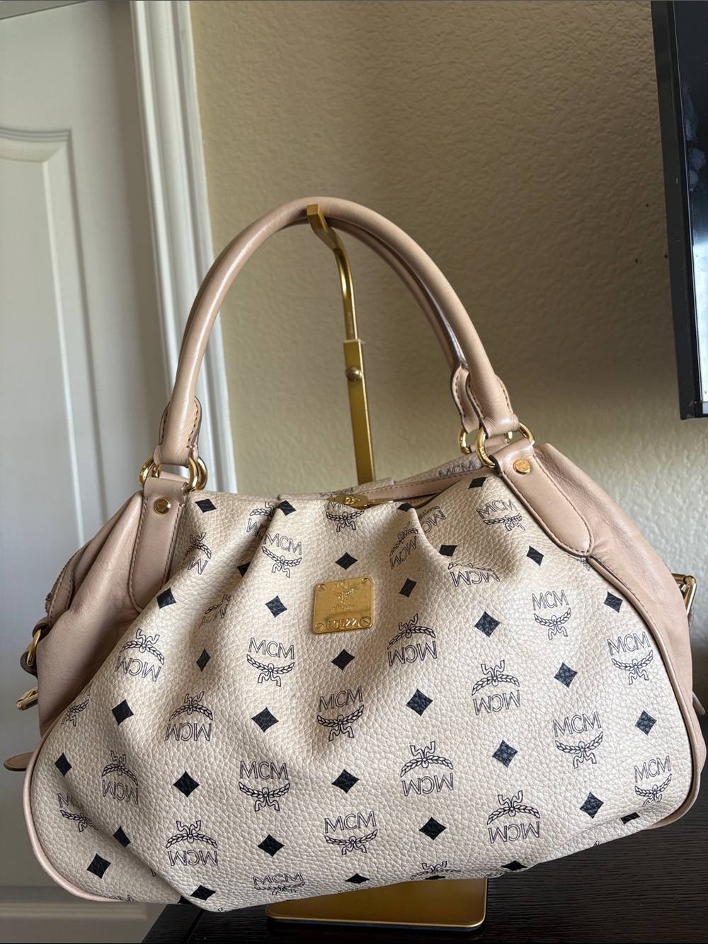 MCM Beige Logo Satchel Bag